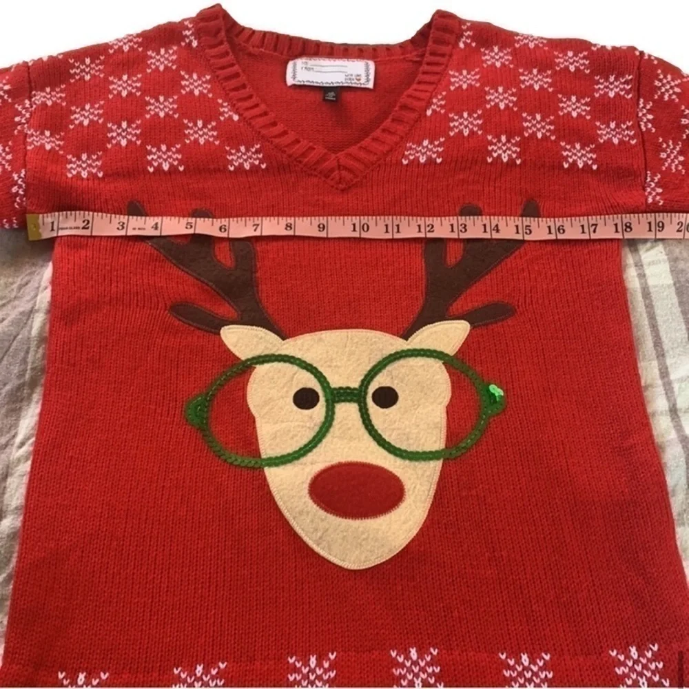 Tiara International Reindeer w/ Sequin Glasses Christmas Knit Red Sweater - Picture 6 of 9